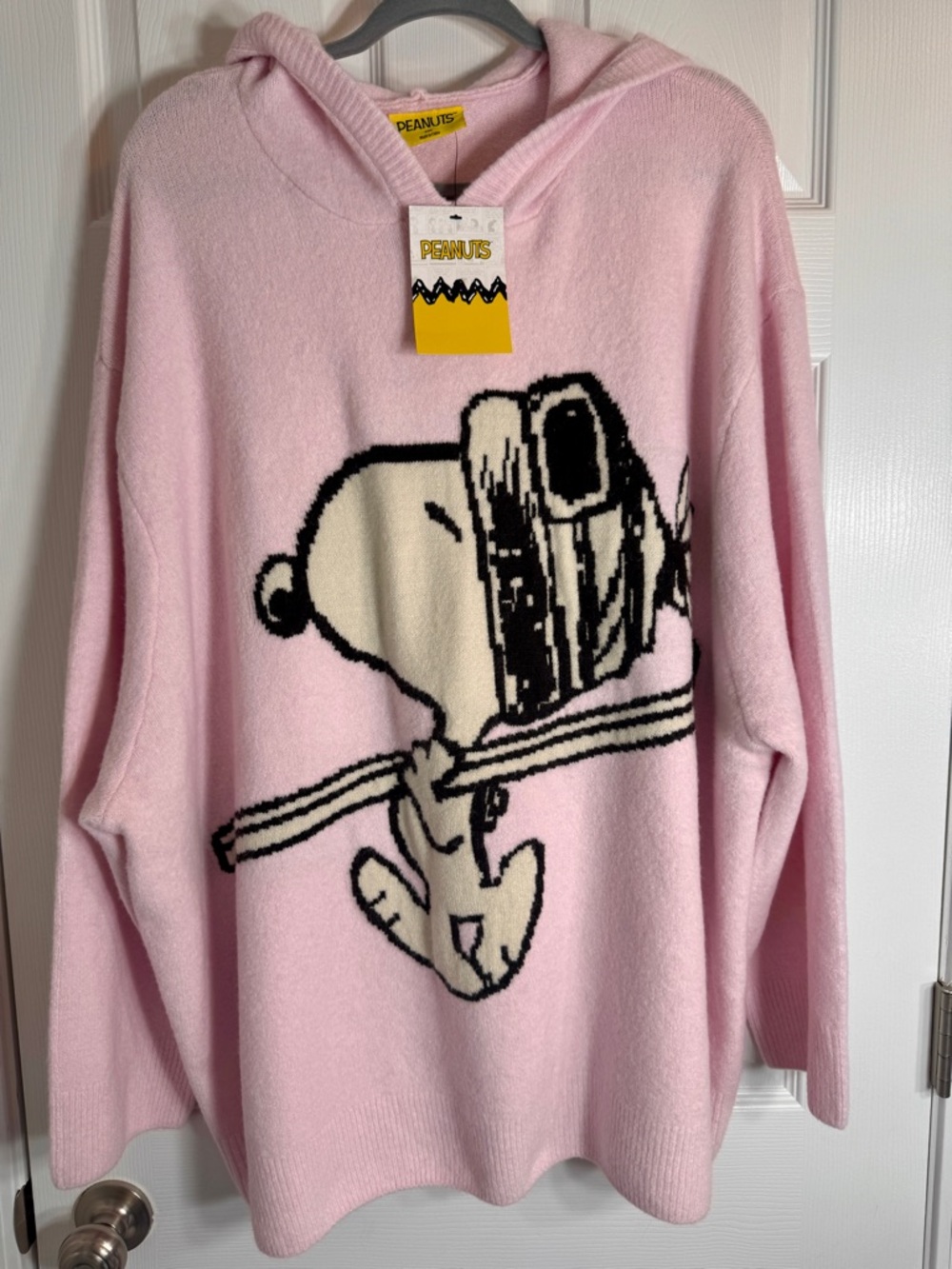 NWT Primark Peanuts Snoopy Sking Pink Knit Oversized Hoodie Sweater 2XL.